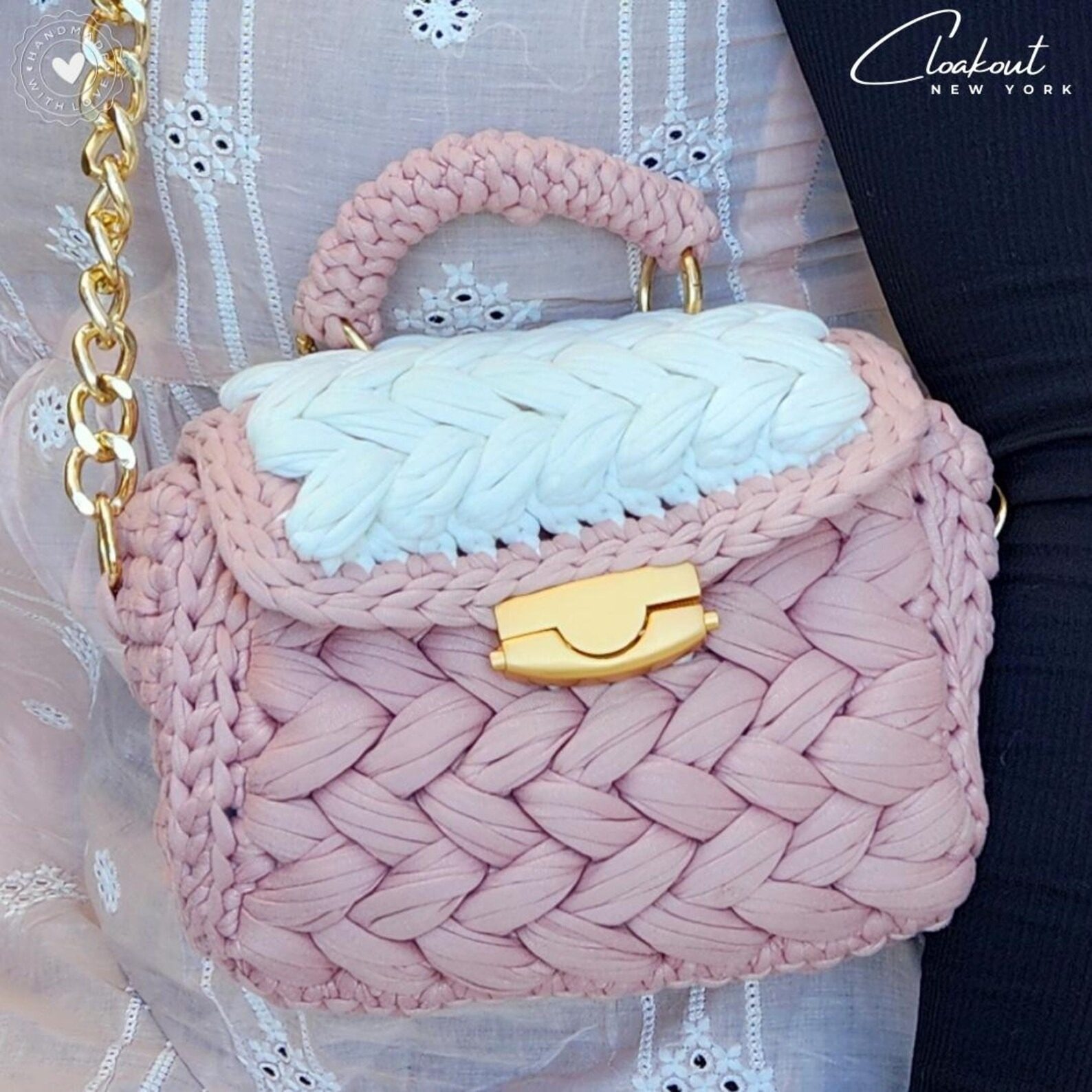 Handmade Rose Gold Crochet Bag - Braided Yarn Clutch with Gold Chain