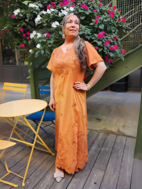 Elegant Women's Orange Embroidered Maxi Dress – Sleeveless Evening Party Dress L
